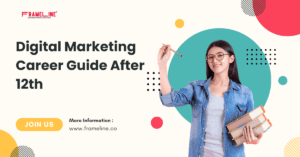 A person in a denim jacket holds books and a pen, promoting a digital marketing career guide for students after 12th grade. Explore digital marketing courses in Surat.
