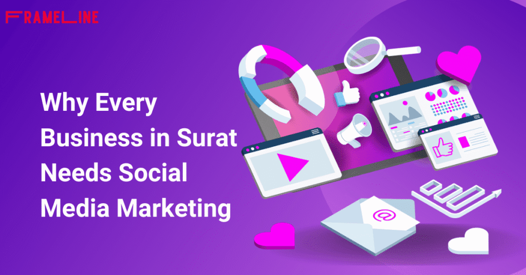 A purple-themed graphic promoting social media marketing for Surat businesses. Includes icons like a magnifying glass, heart, megaphone, and thumbs up.
