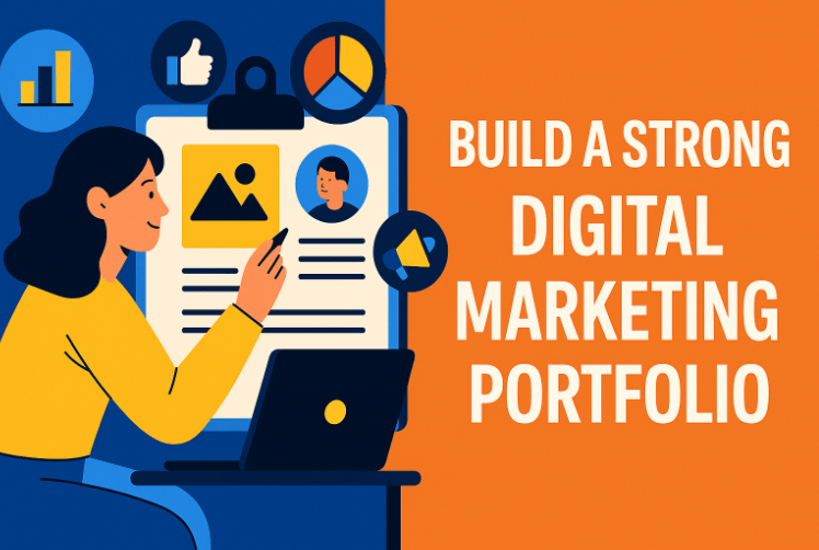 A person engages with a laptop and a clipboard, focusing on building a strong digital marketing portfolio in Surat.
